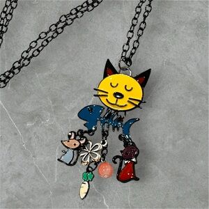 N165 NWT Cat and Friends on long black enamel chain